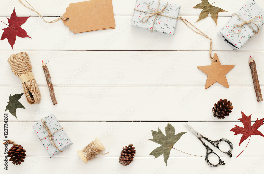 Christmas presents wrapping over wooden table Christmas presents wrapping over wooden table