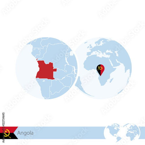 Angola on world globe with flag and regional map of Angola. photo