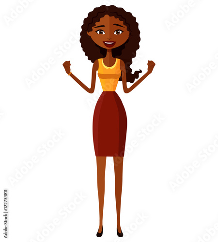 Admiration african american woman throwing up her hands.