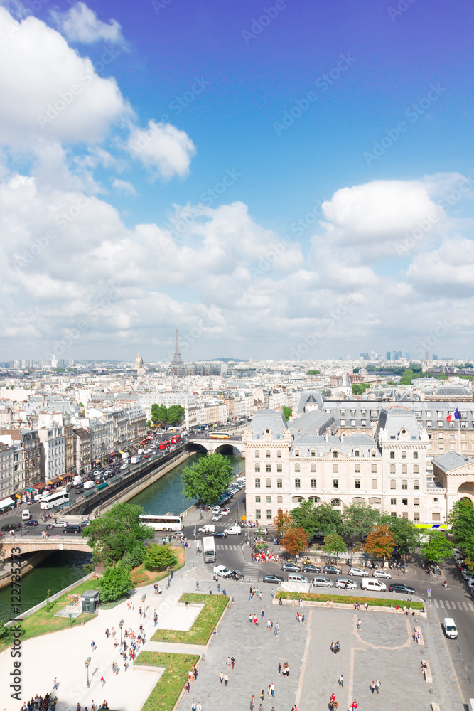 skyline of Paris city roofs and Seine river frome above at sunny summer day, France