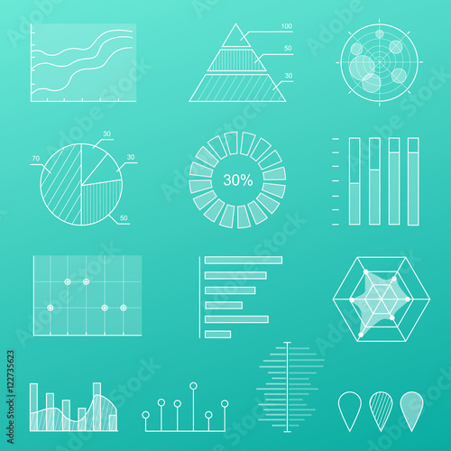 Outline diagram, thin line graphs and charts in linear style, infographic for business presentation illustration with flat elements.