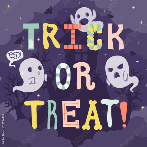 Trick or treat Halloween illustration with cartoon letters & gho