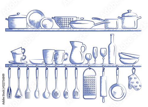 kitchen shelves and cooking utensils. Hand drawn cartoon doodle vector illustration. 