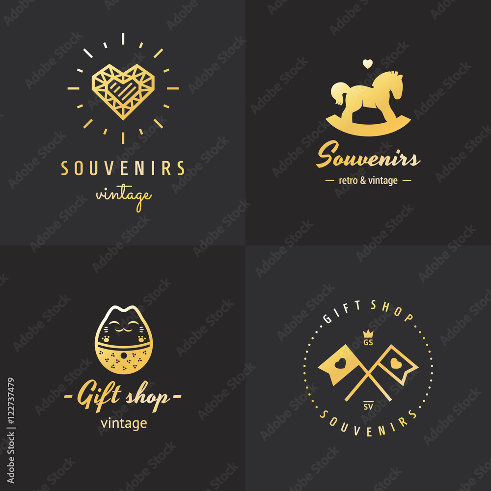 Naklejka premium Gift shop gold logo hipster vintage vector set. Part one.