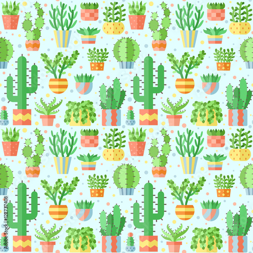 Succulents and cacti flat vector seamless pattern.