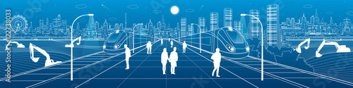 Infrastructure and transport panorama, people waiting for train on station, two trains move over bridges, night city in the background, business buildings, excavators, neon skyline, vector design art