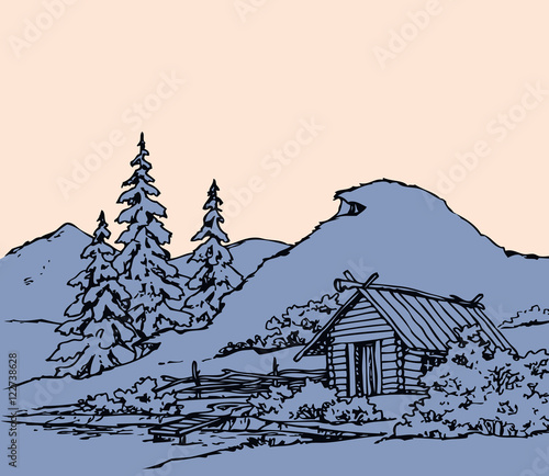 Vector drawing. Ancient rural landscape