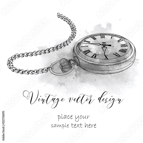Hand drawn vintage postcard. A pocket watch on abstract background with Watercolor Stains