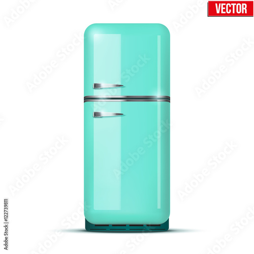 Retro Fridge refrigerator in azure retro color. Household appliances. Vector isolated on white background