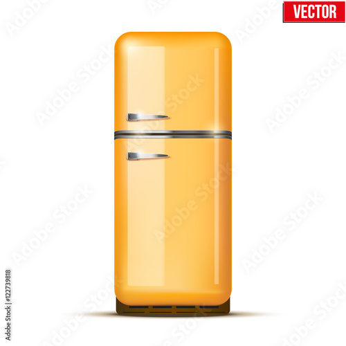 Classic Fridge refrigerator in orange color. Household appliances. Vector isolated on white background