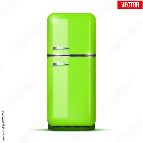 Classic Fridge refrigerator in green color. Household appliances. Vector isolated on white background