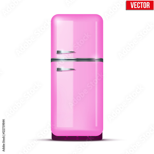 Classic Fridge refrigerator in pink color. Household appliances. Vector isolated on white background