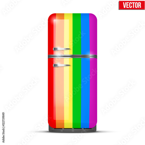 Classic Fridge refrigerator in rainbow color. Household appliances. Vector isolated on white background