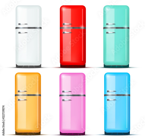 Set of Retro Fridge refrigerator in white color. Household appliances. Vector isolated on white background