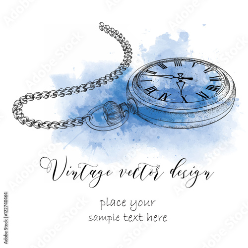 Hand drawn vintage postcard. A pocket watch on abstract background with Watercolor Stains