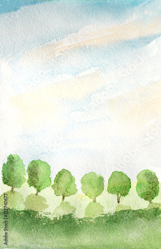 abstract background with trees, grass and sky, watercolor illustration