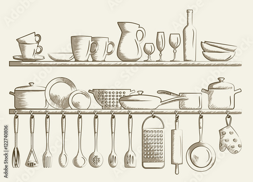 Retro kitchen shelves and cooking utensils. Hand drawn cartoon doodle vector illustration. 