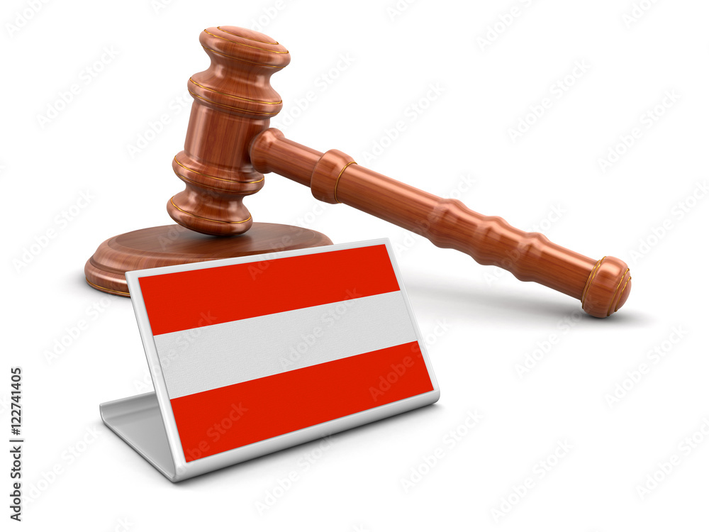 3d wooden mallet and Austrian flag. Image with clipping path