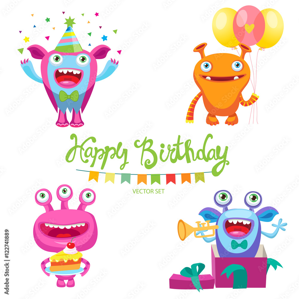 Set Of Cute Monsters For Birthday Card Design Vector Illustration. Cartoon Colorful Kids Toy Cute Monster. Monsters Inside Me. Aliens Birthday Parties. Space Aliens Card. Set Of Cute Monsters For Birthday Card Design Vector Illustration. Cartoon Colorful Kids Toy Cute Monster. Monsters Inside Me. Aliens Birthday Parties. Space Aliens Card.