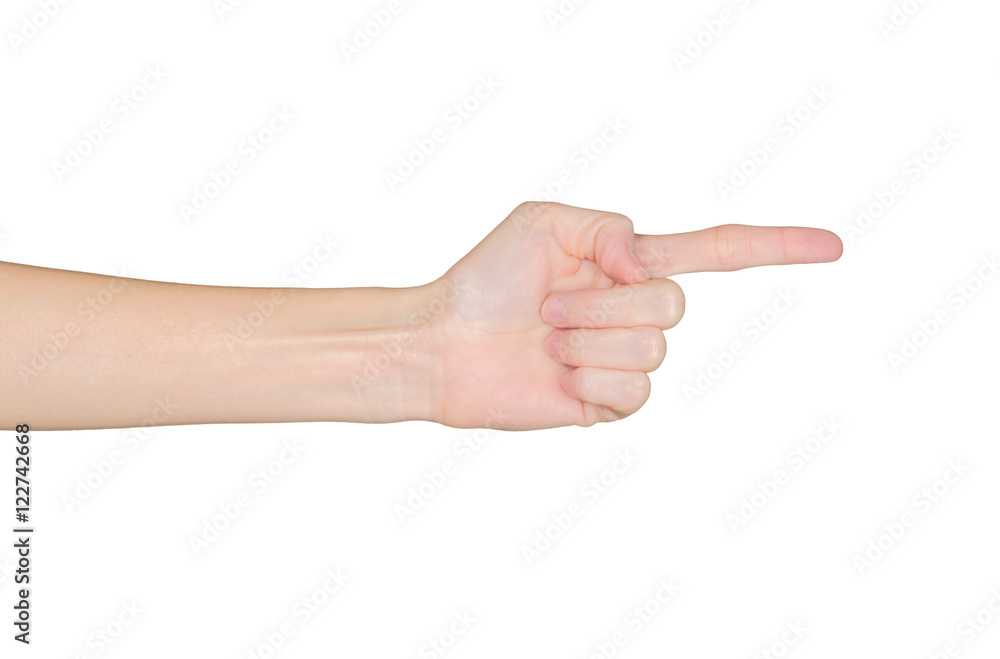 Closeup of female hand pointing. Isolated on white background. Closeup of female hand pointing. Isolated on white background.