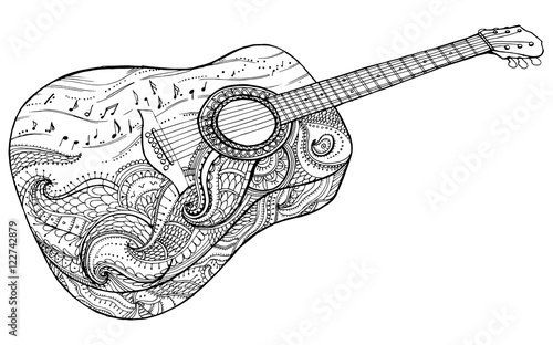 Stylized classical guitar. Retro . Musical instrument. Music. Rock. Line art. Drawing by hand. Graphic arts. Tattoo. Doodle.