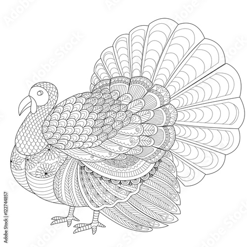 Detailed zentangle turkey for coloring page for adult © Somjai King