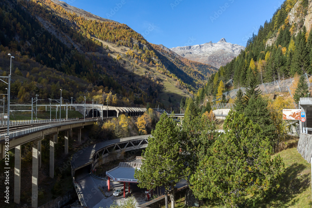 Amazing panorama of Alps and Lotschberg Tunnel under the mountain, Switzerland