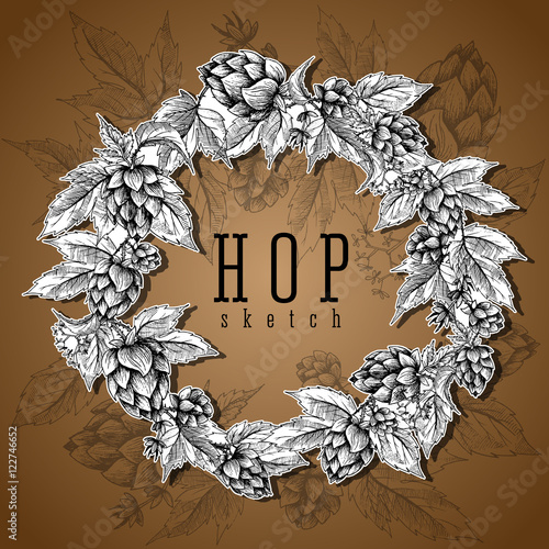 Beer hops round frame hand drawn hops branches with leaves, cones and hops flowers, black and white, sketch and engraving design hops plants. All element isolated. 