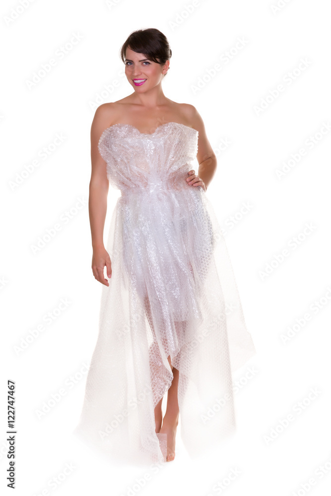 Woman dressed in bubble wrap