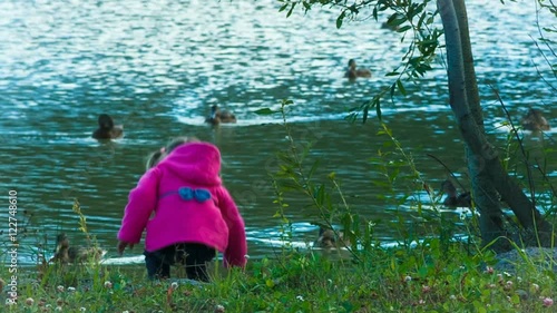 beautiful little girl playing in the park, looking stones. ducks on the lake