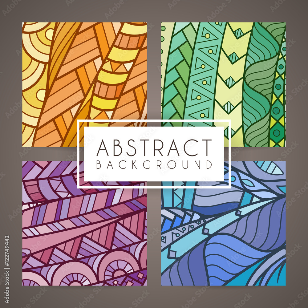 Set of four vector colorful intricate patterns. Doodle. Zentangle