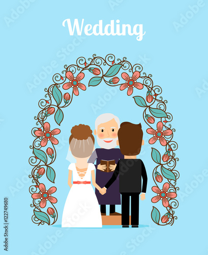 Wedding ceremony with bride groon and priest under arch vector illustration