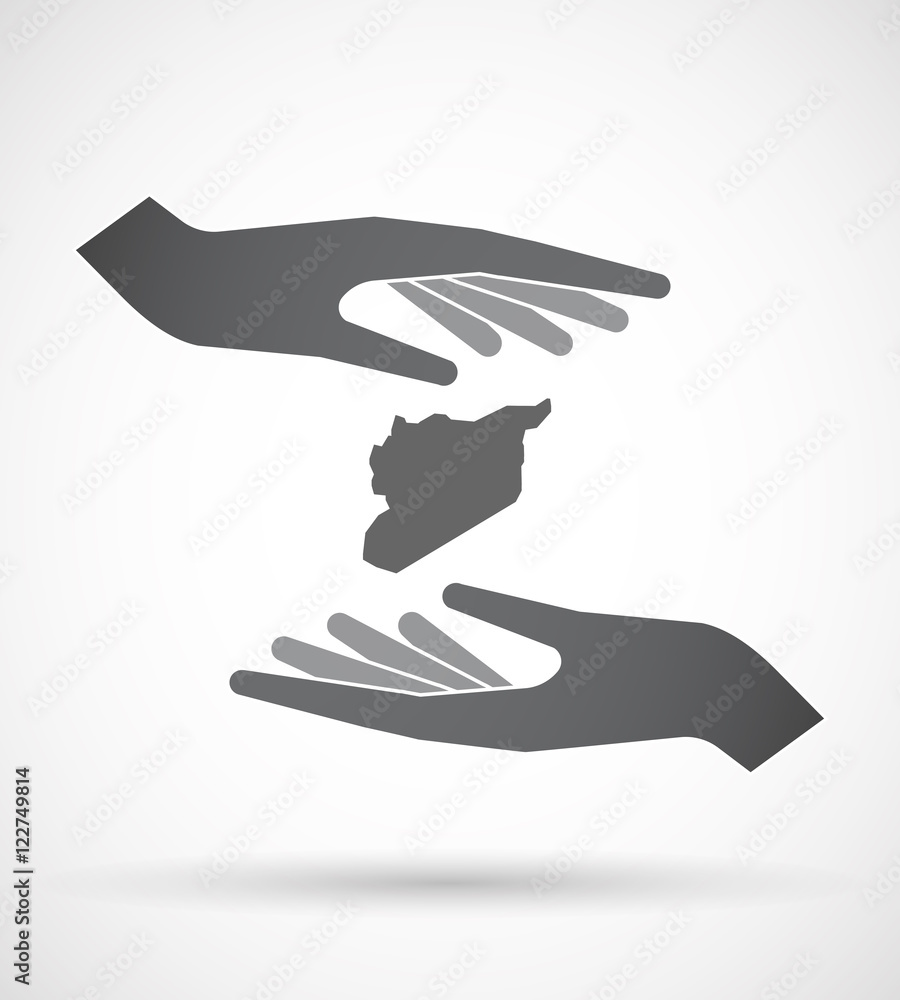 Obraz premium Isolated pair of hands protecting or giving the map of Syria