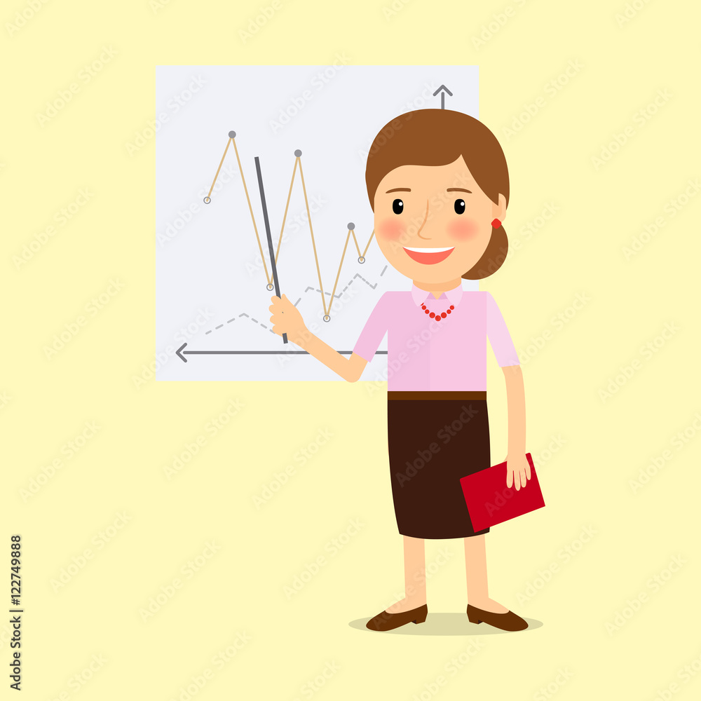 Teacher with whiteboard cartoon character. Vector illustration