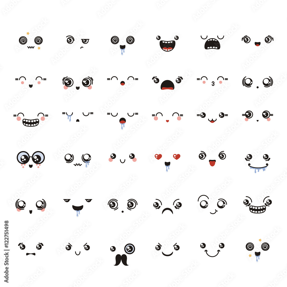 Obraz premium Set of cute lovely kawaii emoticon.