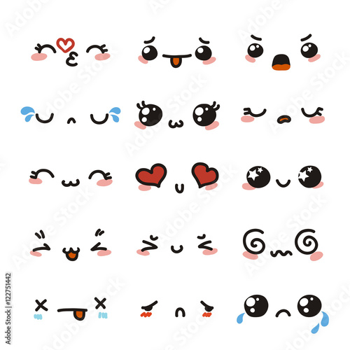 Set of cute lovely kawaii emoticon.