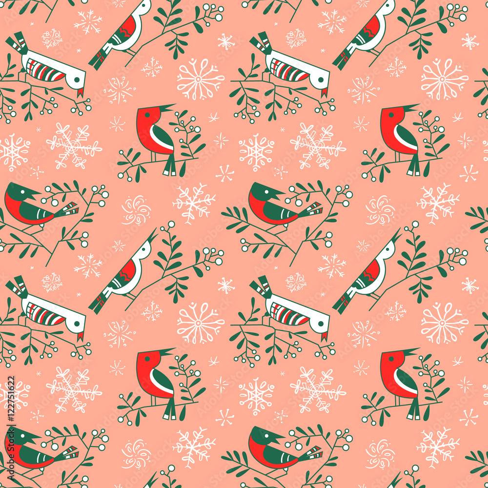 Naklejka premium Winter seamless pattern with cute doodle birds on rowan branches
