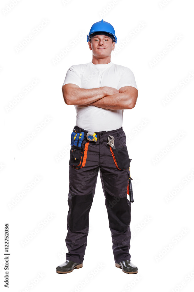 smiling handyman on white background fine portrait crossed arms smiling handyman on white background fine portrait crossed arms