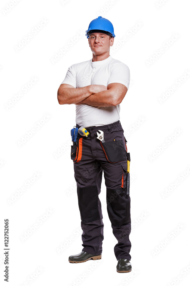 smiling handyman on white background fine portrait crossed arms smiling handyman on white background fine portrait crossed arms