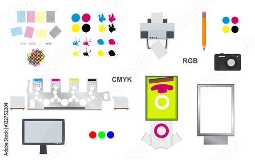 printing and web vector set - printing rosettes, printing machine and cmyk, lcd monitor, camera, citylight lightbox, pencil, desktop printer, screen printing on T-shirt and cmyk blots