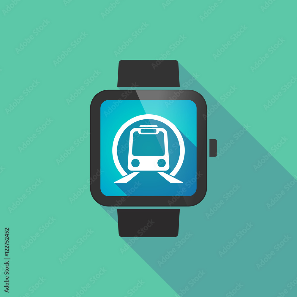Long shadow smart watch with a subway train icon Long shadow smart watch with a subway train icon