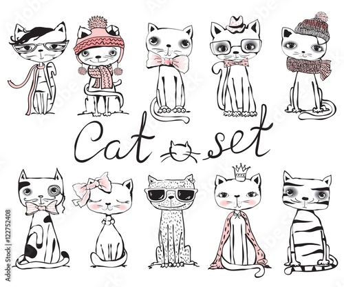 Set of stylish cats. Vector trendy hipster style greeting card design, t-shirt print, inspiration poster.