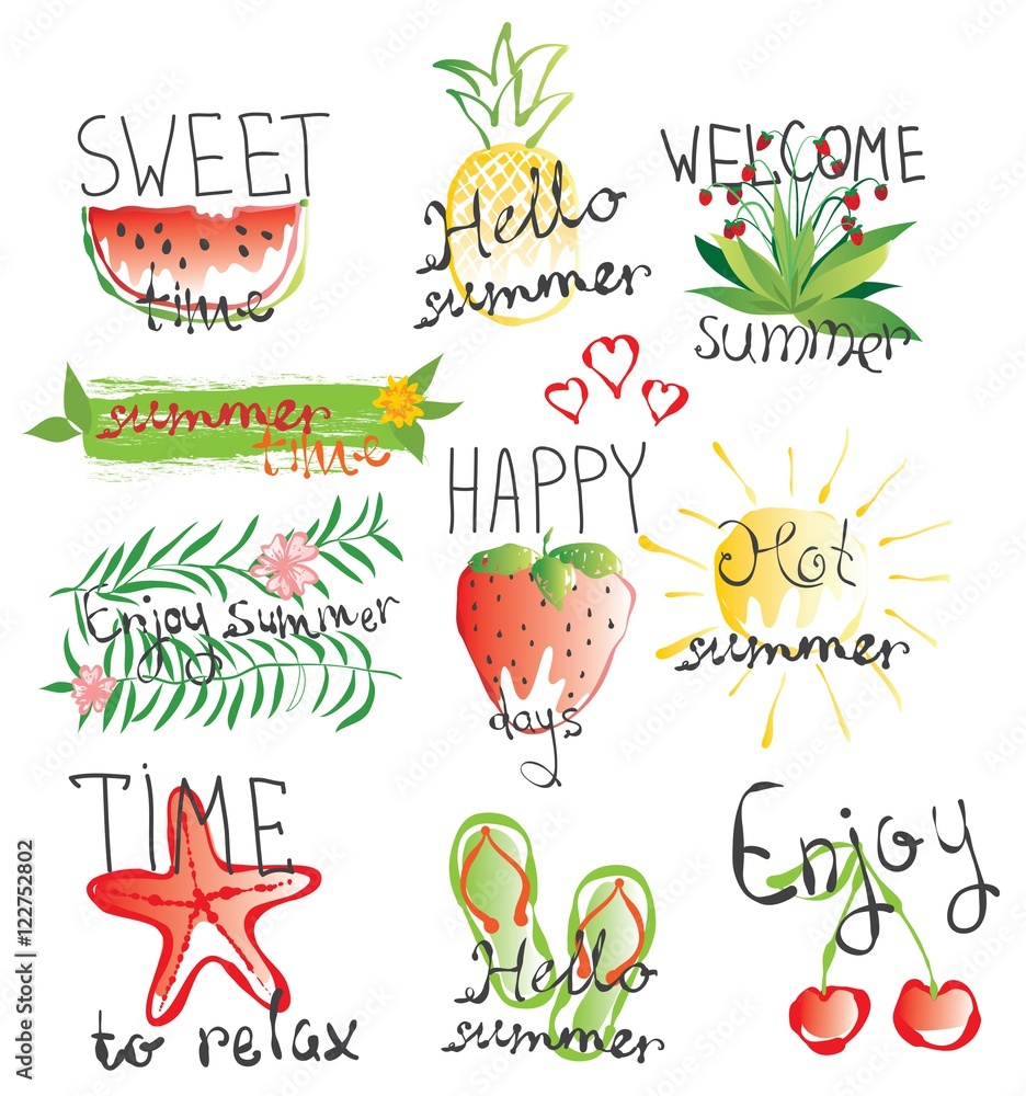 Naklejka premium Vector summer card with sweet watermelon, strawberry, pineapple, hot sun. Hand drawing stylish background with text 