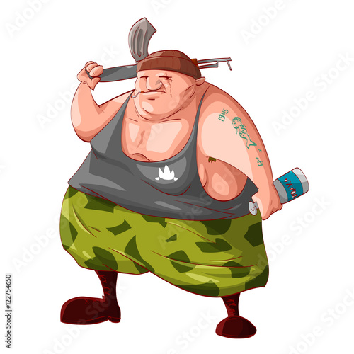 Colorful vector illustration of a cartoon fat drunk rebel / separatist guerilla fighter holding a bottle of vodka, smoking cigarette