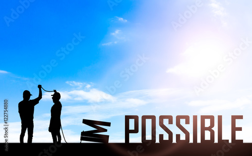 Silhouette man or businessman eliminate, improve, change impossible to possible text with blue sky background  to success, challenge, motivation, achievement, goal improvement opportunity csr social.