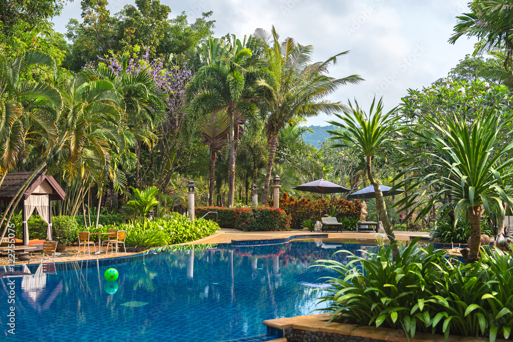 view of public  beautiful swimming pool in tropical resort , Koh