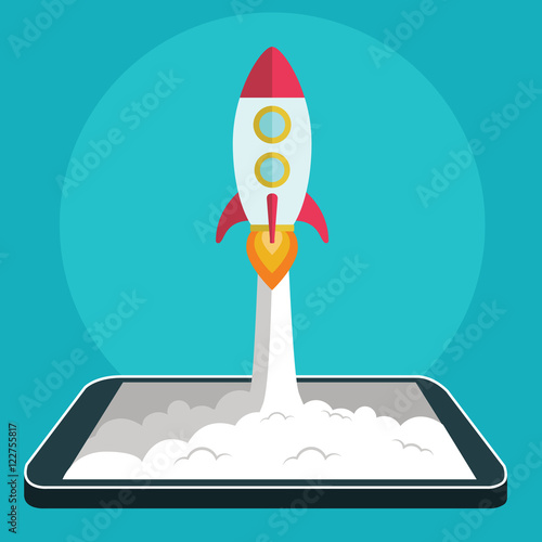Start up business concept for mobile app development or other disruptive digital business ideas. Cartoon rocket launching from smart phone , tablet.
