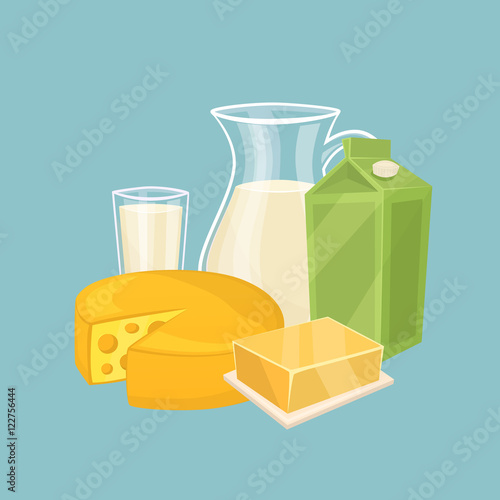 Glass jug with milk, cheese wheel and other dairy products isolated on blue background, vector illustration. Nutritious and healthy milk products. Natural and healthy food. Organic farmers products