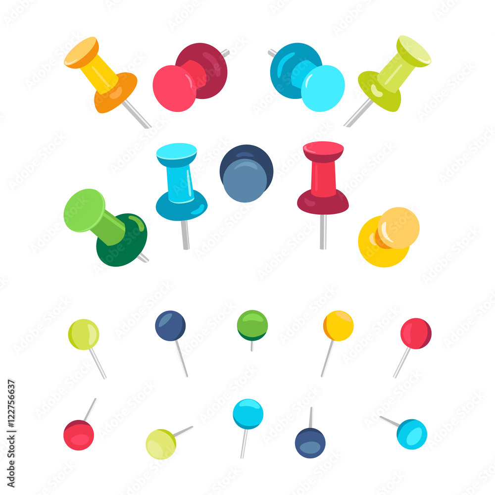 oorsprong Beleefd Reductor Stockvector Set of push pins in different colors on white background.  Office push pins symbols. Flat push pin clips. Head push pins. Thumbtacks.  Pins stationery products. Needles and tacks. Vector illustration. 