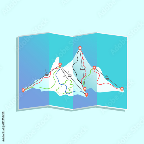Paper map of winter ski resort with lifts, mountain huts and trails. Mountain landscape navigation for snowboarding and skiing. Active travel and sport concept. Vector illustration.
 